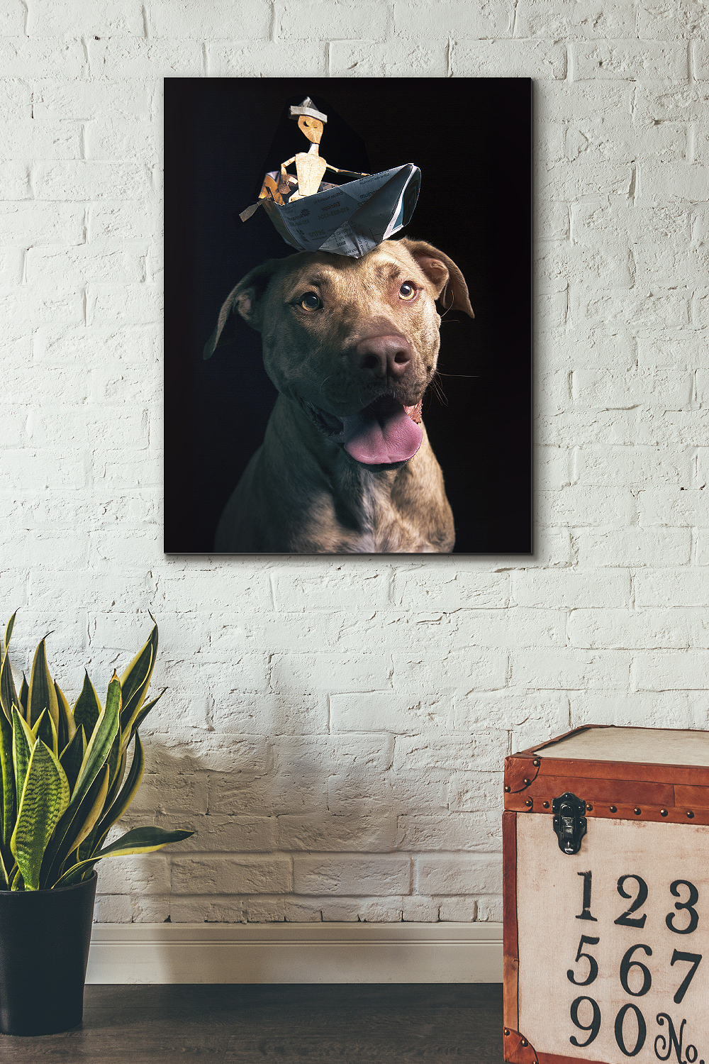 Ready to hang gallery quality art print of a smiling dog wearing a paper boat hat costume